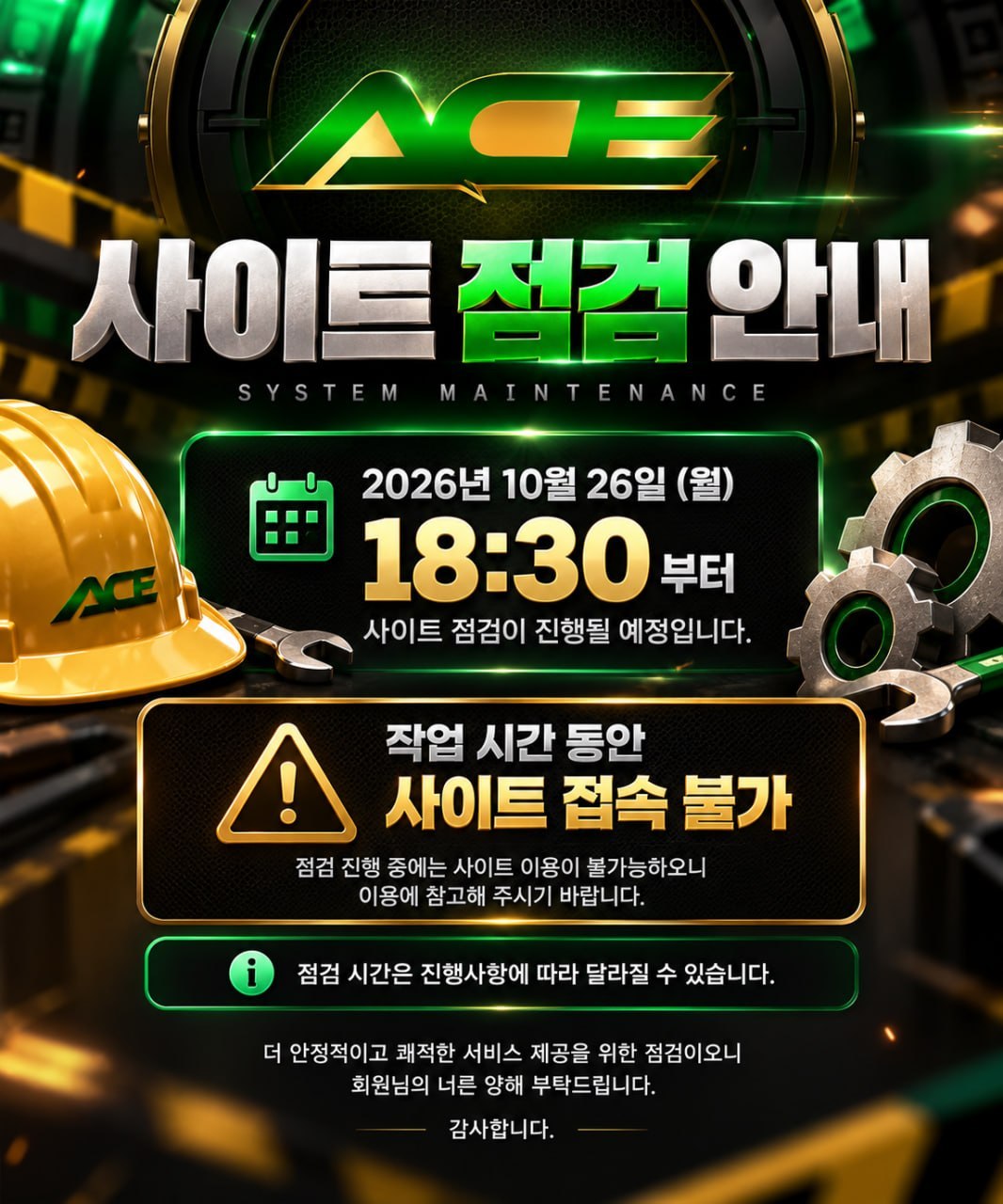 ACE 사이트 점검 안내 이미지: 점검 중 사이트 접속 불가 및 이용 안내